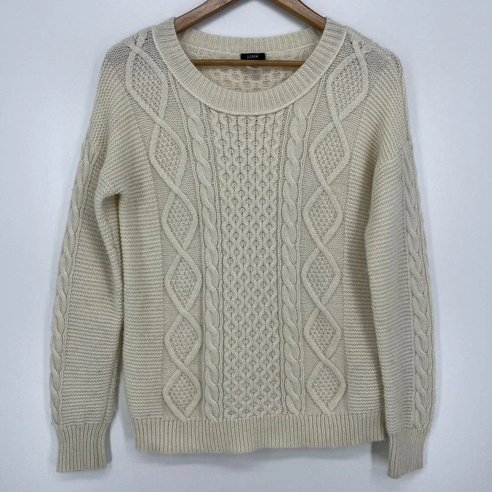 J. Crew Women Cream Ivory Cable Knit Wool Mohair Blend Crewneck Sweater Size S